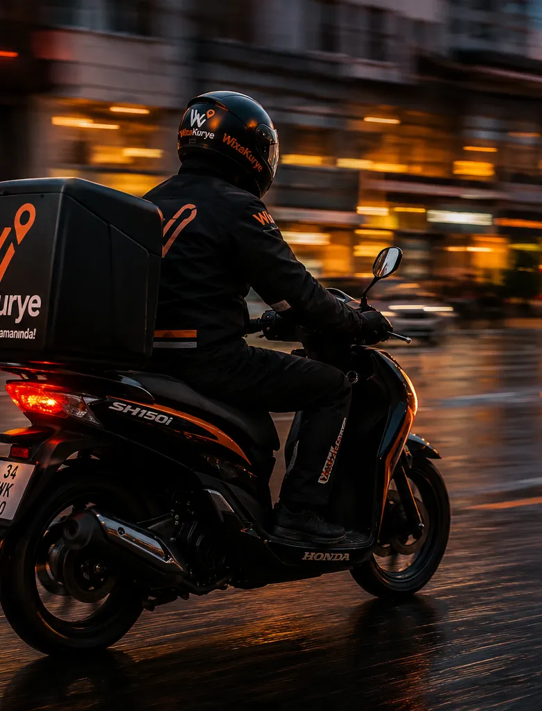 Yağmurlu akşamda WixaKurye kuryesi motosikletle yolda