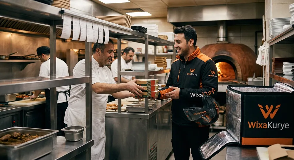Restoran mutfağında paketin kuryeye verilmesi