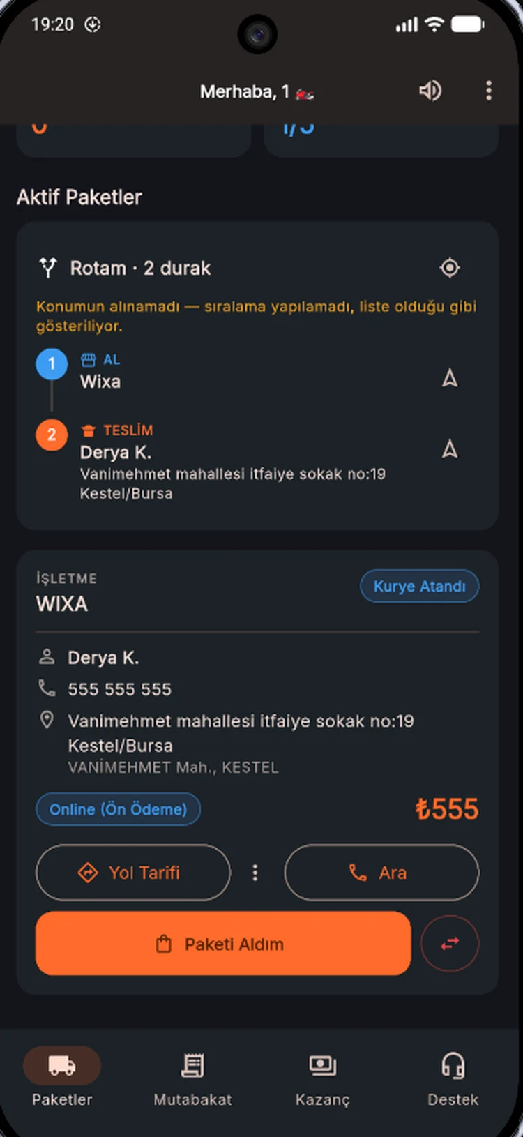 WixaKurye kurye uygulamasında aktif paket, rota ve tahsilat ekranı